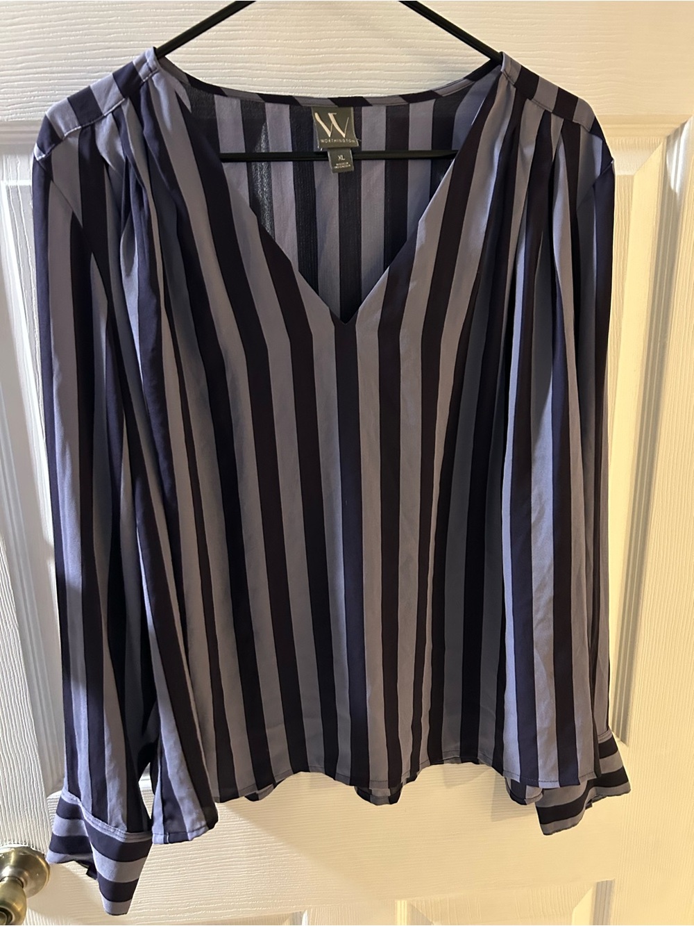 Worthington Purple Striped Blouse Features Pleated Sleeves and V-neck Size XL
